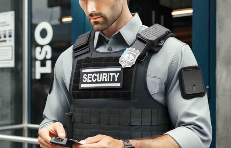 security officer in a uniform, wearing a bulletproof vest and a generic security baseball cap, standing in front of a generic sto