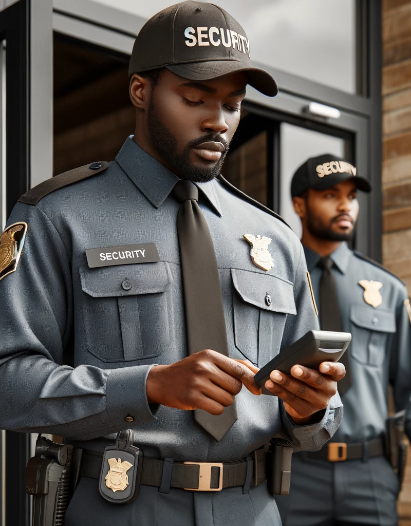 security officer in a uniform with a generic security baseball cap, standing in front of a generic storefront entrance. T